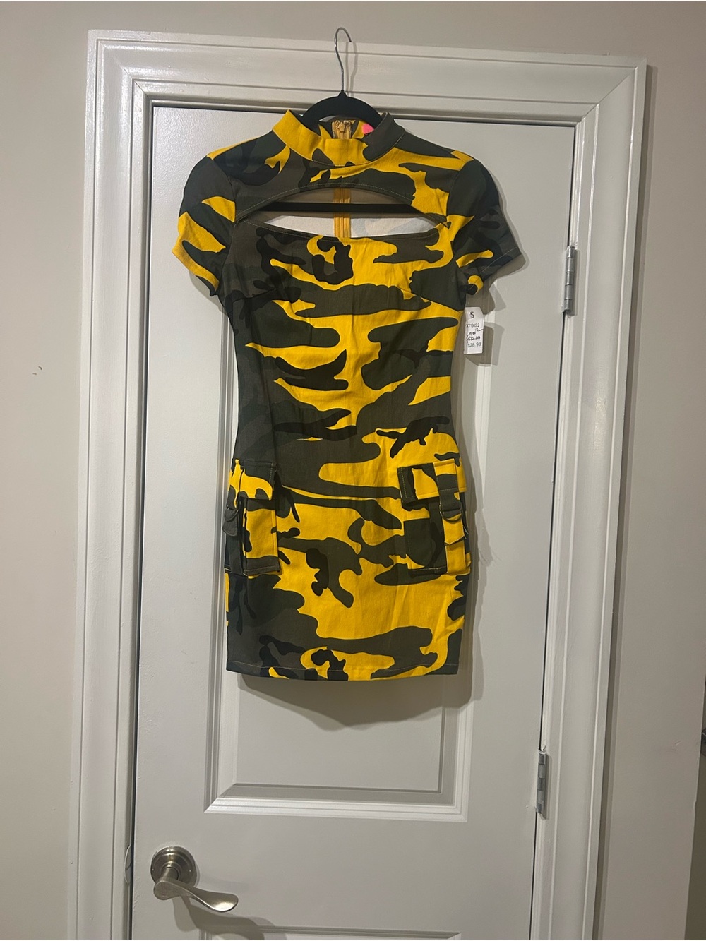 Yellow & Olive Camouflage Cutout Mini Dress